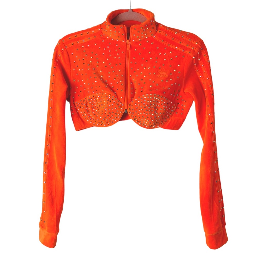 Jeremy Scott x Adidas RARE! Neon Orange Track Crop Top w Rhinestones EUC SZM